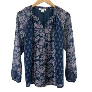 Coldwater Creek Womens PS Navy Blue Floral Chiffon Split Neck Blouse Top 16109